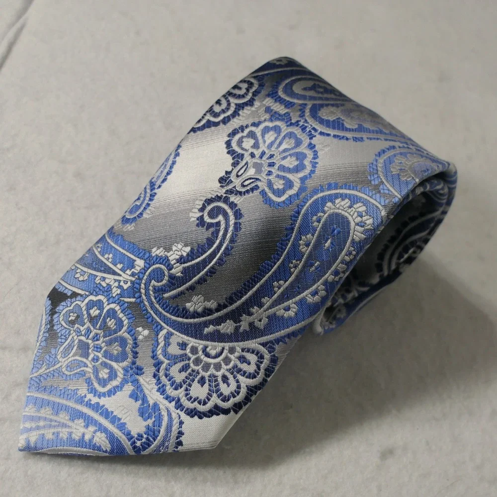Stacy Adams Mens Necktie‎ OS Blue Silver Paisley Microfiber Elegant Formal Dandy